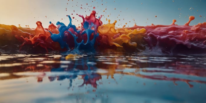 Colors pouring from the wall with reflection in the water on the ground. photo