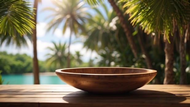 Elegant Wooden Table Basks in Tropical Sunlight Adorned by Lush Palms. photo