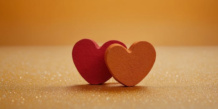 Red hearts on orange and yellow background Love or Valentine's day concept Minimal, flat lay. photo