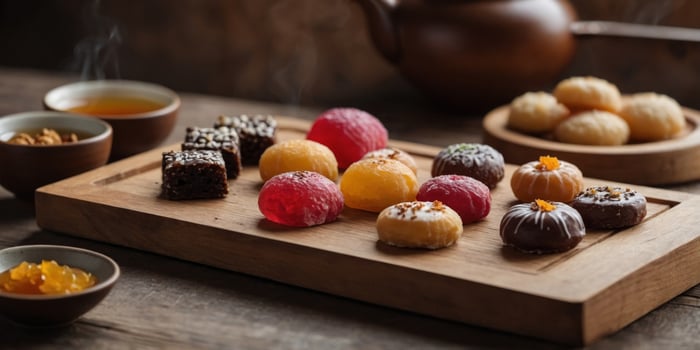 Wooden board with delicious Turkish sweets and tea. photo