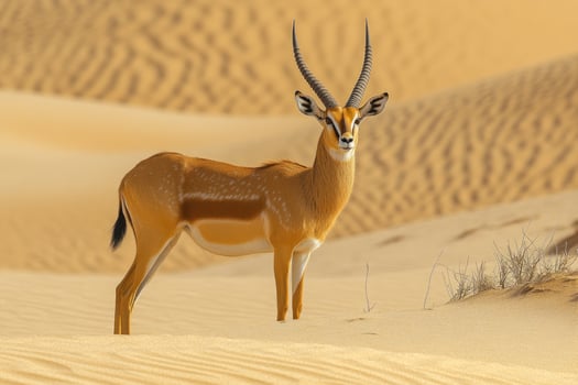 A majestic antelope with long horns stands gracefully atop sand dunes photo