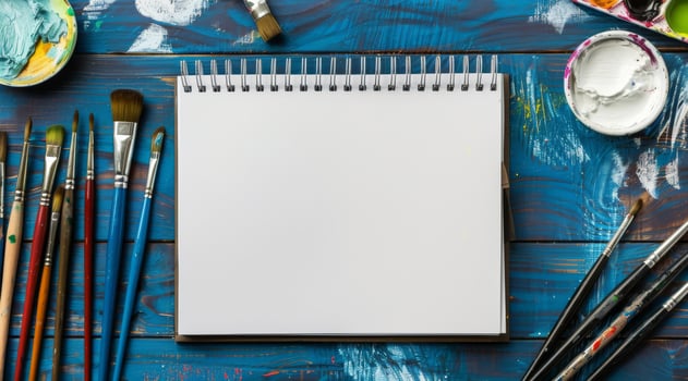 An empty sketchbook lies open, surrounded by various paintbrushes and an array of vibrant paints, creating an ideal environment for artists who wish to unleash their full creativity and imagination photo