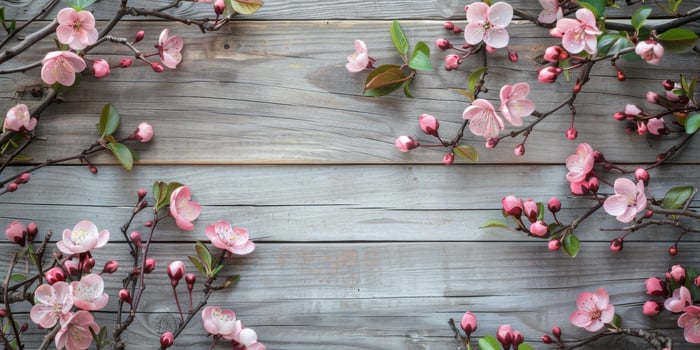 A serene arrangement of pink flowers against a weathered wood backdrop, perfect for springthemed designs and decorations photo