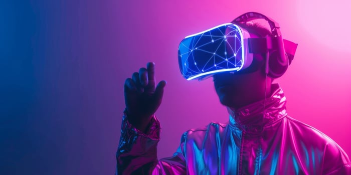 A futuristic person fully immersed in the digital world with advanced VR goggles, surrounded by vibrant neon colors, showcases the immersive experience of modern technology in digital entertainment photo