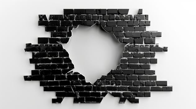 This 3D rendering features a broken black brick wall with realistic textures and dramatic lighting, illustrating themes of destruction and decay, inviting reflection on the fragility of structures photo