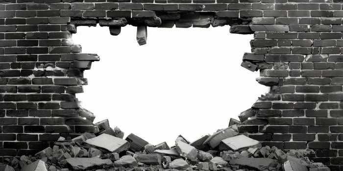 A captivating image of a broken brick wall reveals a clean white space behind it, perfect for 3D design and artistic projects. The crumbled bricks add a dramatic effect to the aesthetic appeal photo