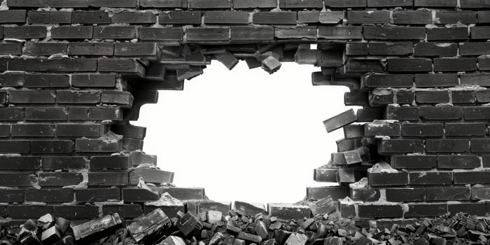 This incredibly detailed 3D rendering presents a cracked black brick wall featuring a large hole, resulting in a striking visual effect that deeply captivates and engages viewers attention photo