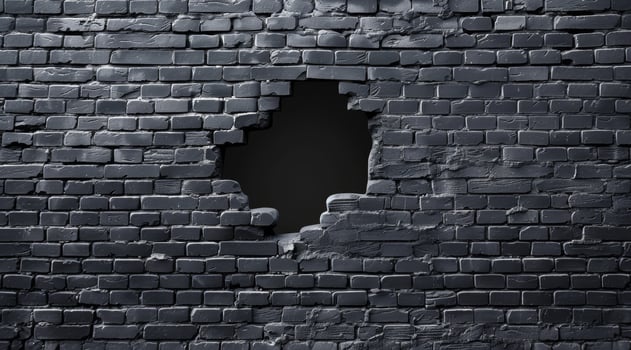 This is a stunning and realistic 3D rendering of a textured dark brick wall. It features a prominent hole, which adds a fascinating and intriguing visual effect to the overall composition photo