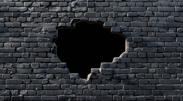This 3D rendering displays a large hole in a black brick wall, highlighting the rough texture and depth of the bricks, enhancing the overall visual impact and interest of the scene photo