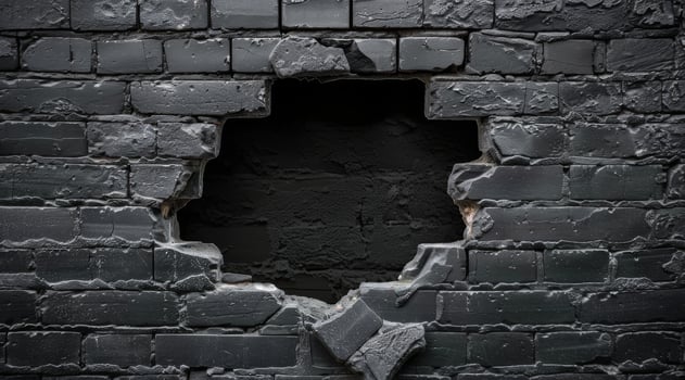 A striking and visually appealing 3D illustration that showcases a large damage hole in a textured black brick wall, allowing a glimpse into a dark, mysterious inner space beyond the wall photo