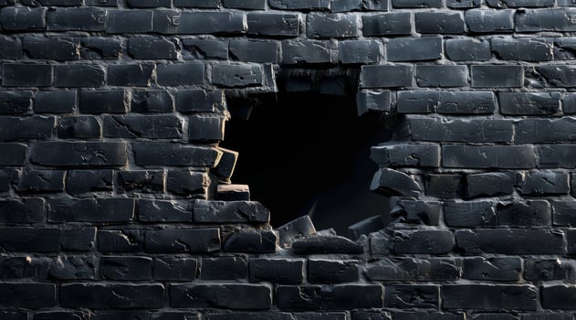 This 3D closeup vividly illustrates a crumbling black brick wall featuring a large hole that exposes the dark emptiness lurking behind it, strongly emphasizing themes of decay and disruption photo