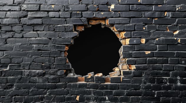 This image features a realistic 3D rendering of a hole in a black brick wall, revealing a dark void beyond. The worn brick texture adds depth and character, enhancing the scenes visual appeal photo