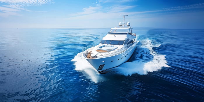 A stunning luxury yacht gliding smoothly across the serene, calm ocean waters beneath a bright blue sky photo
