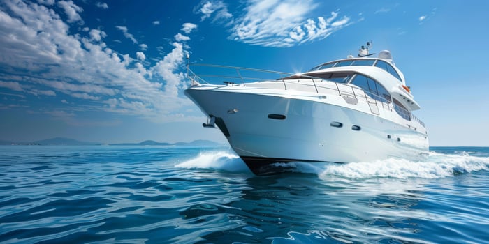A stunning and luxurious yacht gliding gracefully through the tranquil, serene blue waters beneath a beautiful sky photo