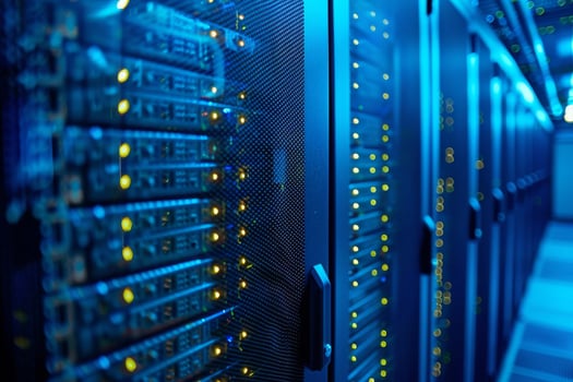 A stateoftheart modern data center showcasing illuminated server racks along with advanced innovative technology photo