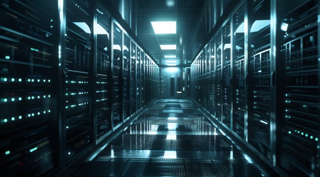 A sleek and modern data center hallway is effectively illuminated by overhead lights, showcasing reflective surfaces photo