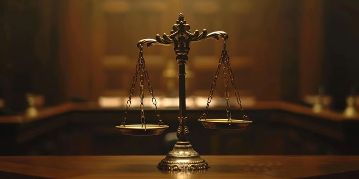 This is a classic depiction of justice, featuring balanced scales set within the ambiance of a courtroom photo