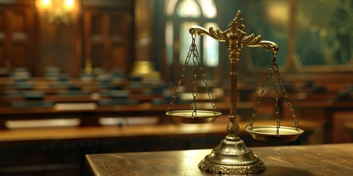 A beautifully designed scale of justice in a remarkably stunning courtroom represents law, order, and fairness photo