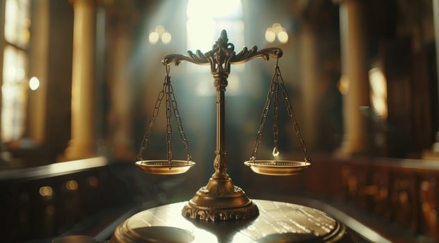 A beautifully designed golden scale that symbolizes justice and fairness in a grand and impressive courtroom setting photo