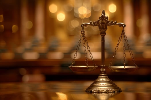 A close-up of golden scales of justice, symbolizing fairness and law, set in a luxurious background. photo
