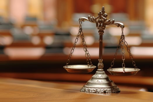 A closeup of traditional scales of justice in a courtroom, symbolizing fairness, equity, and the law photo