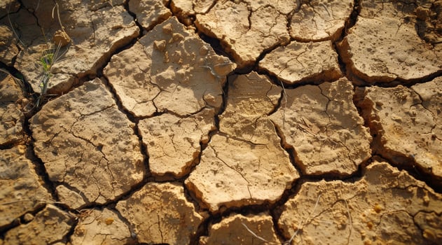 A detailed closeup view of dry, cracked soil vividly depicting the severe effects of prolonged drought and climate change on the fragile balance of natural ecosystems and the surrounding environment photo