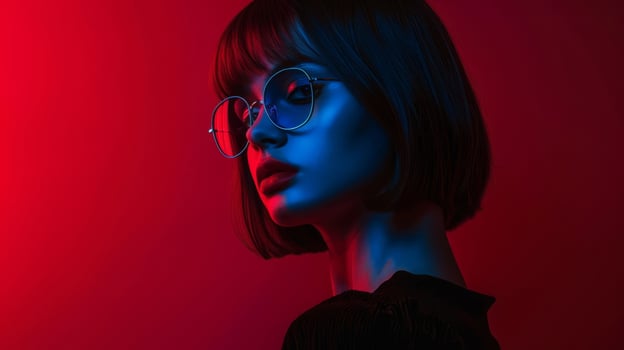 Portrait of a young woman with a square haircut and glasses on a dark red background. Neon lighting. The concept of high fashion, the design of the cover of a fashion magazine. photo