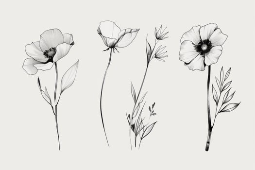 minimalistic botanical graphic sketch, fashionable miniature tattoo design, floral elements. photo