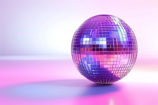 A disco ball in neon light on a white background. A disco mirror ball. A place for the text. The concept of the party. photo
