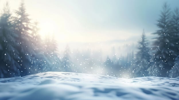 abstract background with snow and blizzard. The winter concept of snowflakes falling on a blurred forest background . Snowy Christmas landscape. photo