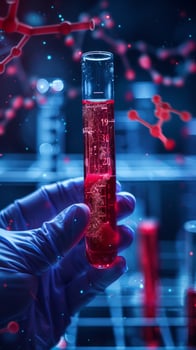 DNA Test Vial with Red Liquid in Medical Laboratory. photo
