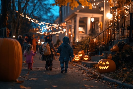 A group of children dressed in costumes strolls down a charming street, surrounded by glowing jack-o-lanterns and twinkling lights, enjoying Halloween festivities. photo