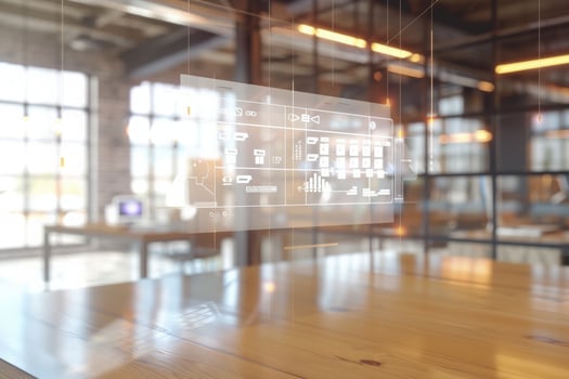 Bright light fills a modern workspace adorned with a high-tech holographic calendar, creating an inspiring atmosphere. photo
