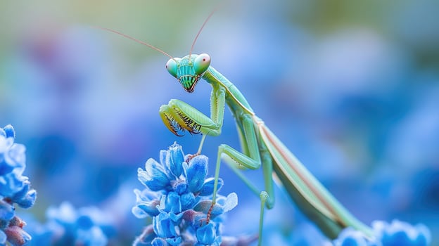 Praying mantis perched on vibrant blue flowers in natural habitat photo