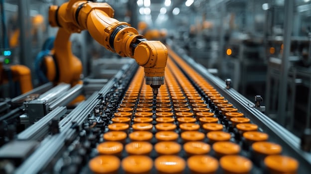 Industrial robot arm working on conveyor belt in factory photo