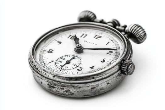 Old stopwatch showing time passing by sitting on white background photo