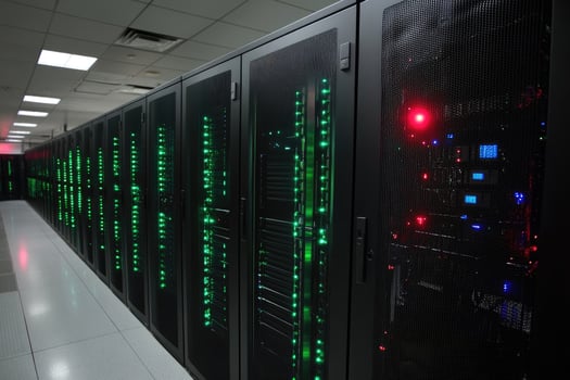 Modern supercomputer running calculations with glowing red lights photo