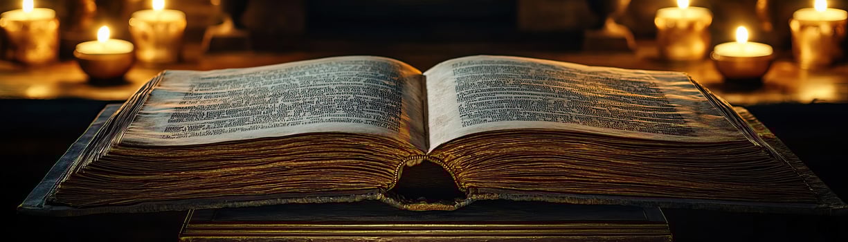 An ancient blank book open on a stand, illuminated by the soft, flickering light of surrounding candles, suggesting an aura of history and secrets, mystical and serene photo