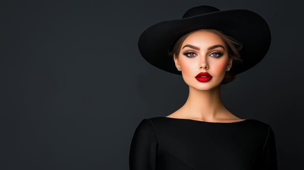Female model wearing stylish black attire, elegant Black Friday dark gradient background photo