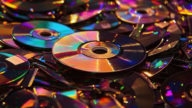 Colorful stack of CDs in a chaotic pile photo