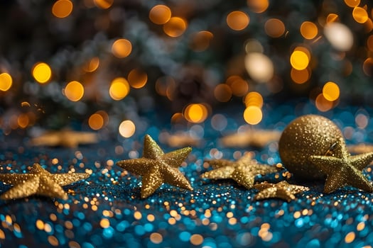 Festive Holiday Decorations Featuring Gold Stars and Ornaments with Bokeh Lights - Ideal for Christmas Prints and Posters photo