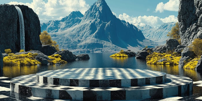 Checkerboard Platform Surrounded by Mountainous Lake photo