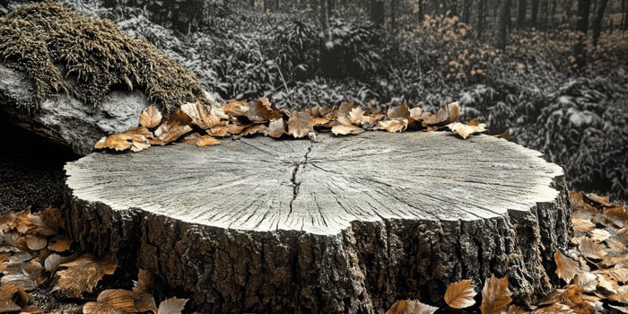 A weathered tree stump with autumn leaves scattered around it photo
