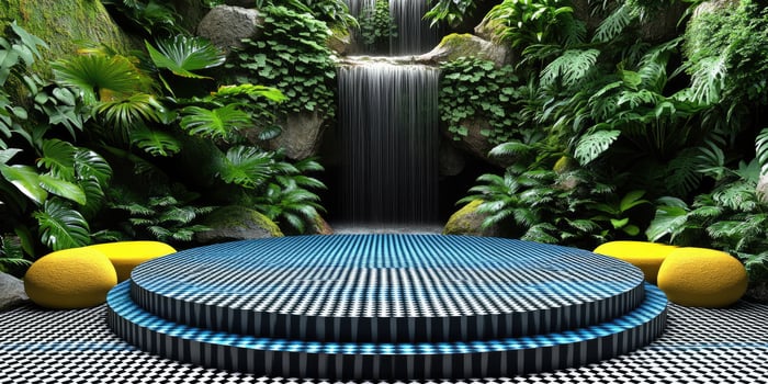 Blue and Black Checkerboard Platform in a Lush Tropical Garden with a Waterfall photo