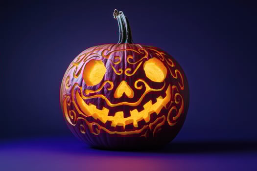 An intricately designed pumpkin radiates a warm glow, showcasing its detailed carvings against a dark background, celebrating the spirit of Halloween. photo