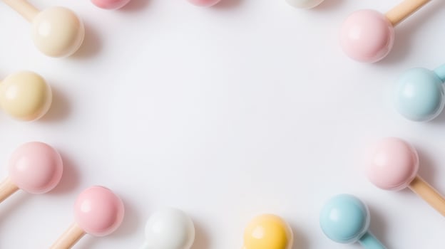 Colorful toy mallets arranged in a circular pattern on a white background, perfect for playful designs or children's projects. photo