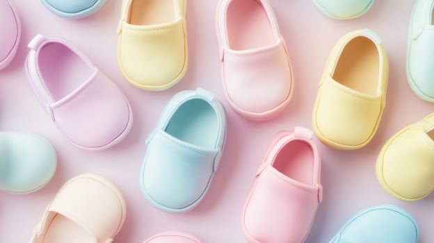 Colorful baby shoes arranged in a playful pattern, perfect for children's fashion and baby shower themes. photo