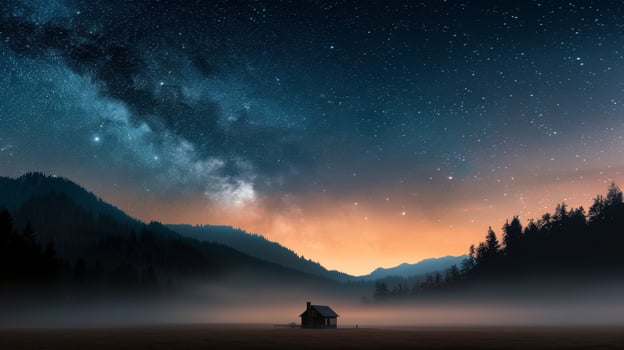 Starlit Landscape With Cabin Amidst Mountains at Dusk photo