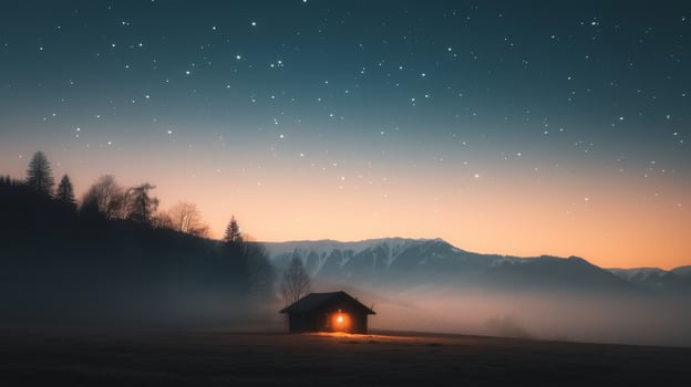 Starlit Landscape With Cabin Amidst Mountains at Dusk photo
