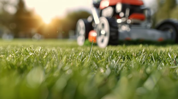 Lawn Mowing at Sunset in a Residential Neighborhood photo